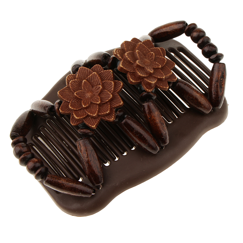Magic Wood Beaded Double Hair Comb Clip Floral Design Stretchy Women Ladies Hair Stying Accessory