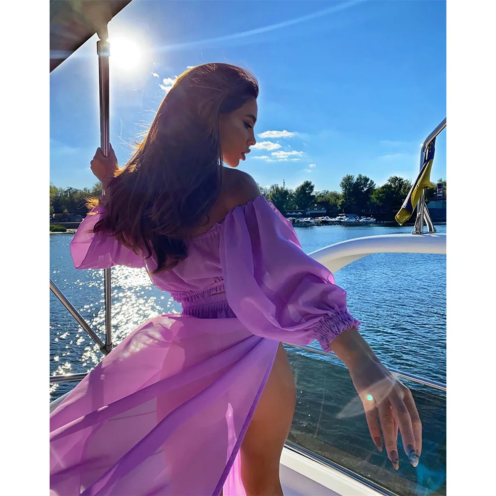 new Women's Clothing Set Off Shoulder Long Sleeve Tops and Cover Up Skirt Two-piece Suit for Travelling Beach Vacation