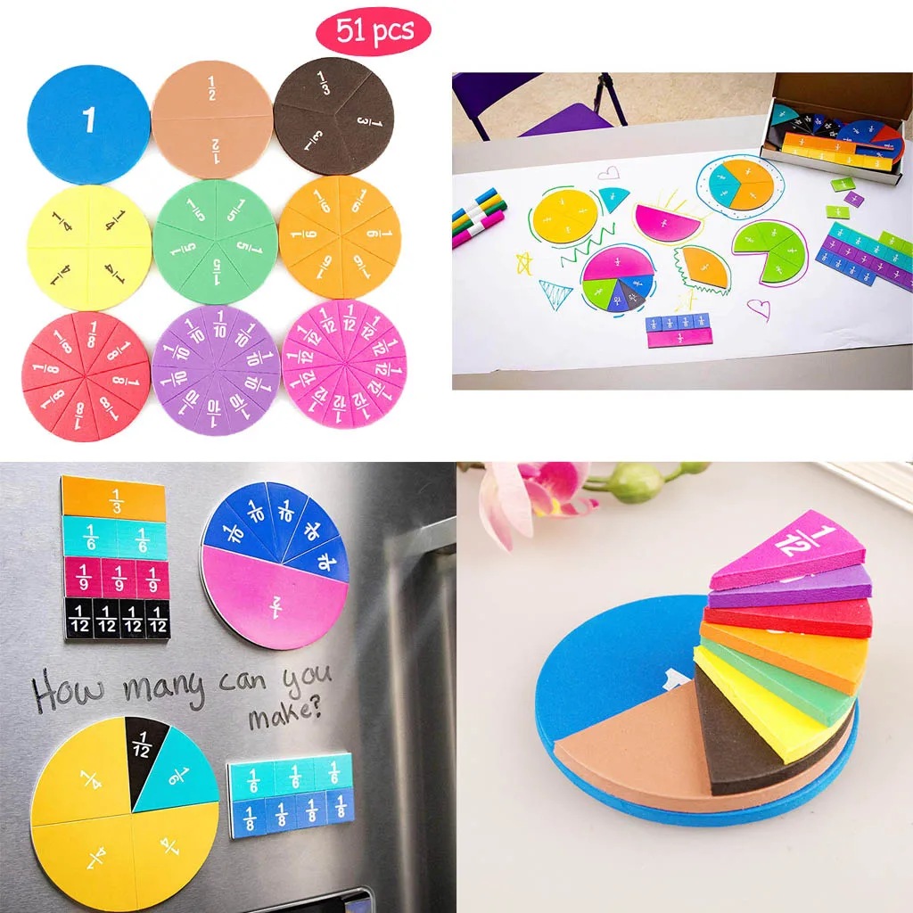 51 Pieces Circular Fractions Tiles Counting Toys Children Number Teaching
