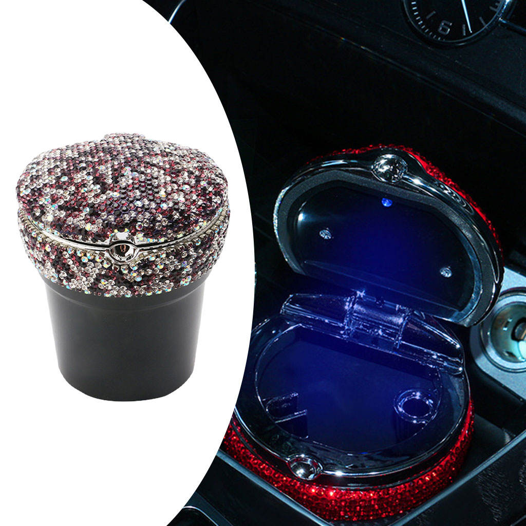 Car Ashtray with LED Interior Vehicle-Mounted Washable Rhinestones Decoration Auto Ashtray Fit for Dashboard Cup Holders Travel