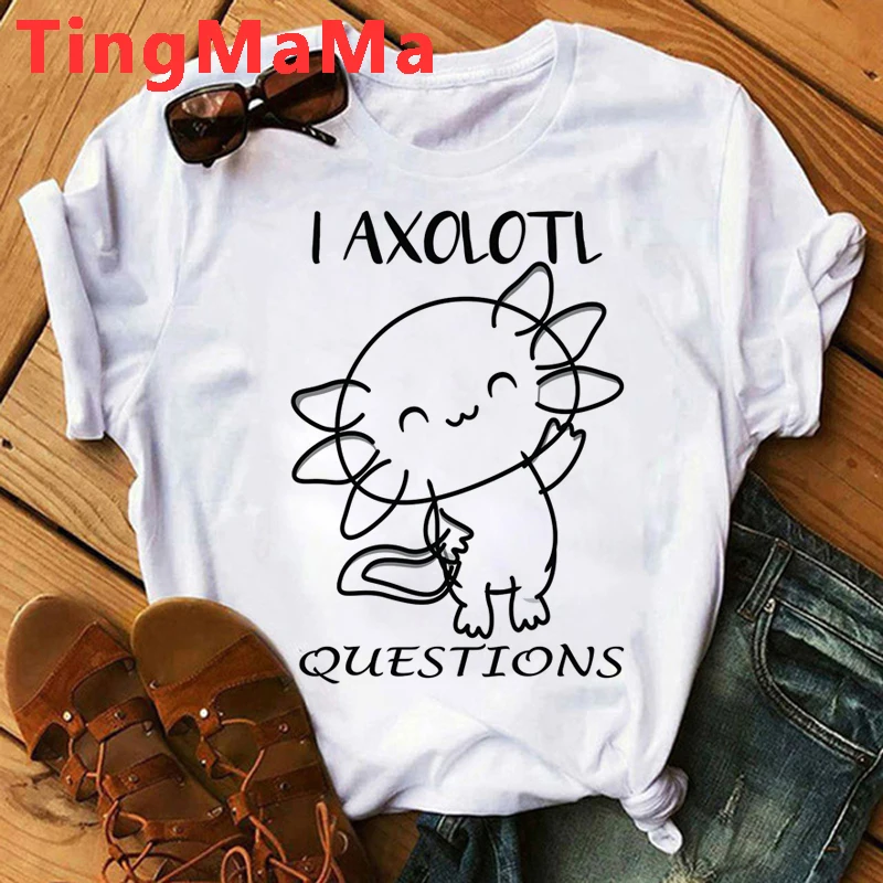 Kawaii Cartoon Axolotl T Shirt Women Funny Summer Tops Anime Graphic Tees Hip Hop Unisex Cute Harajuku Aesthetic Tshirt Female palm angels t shirt