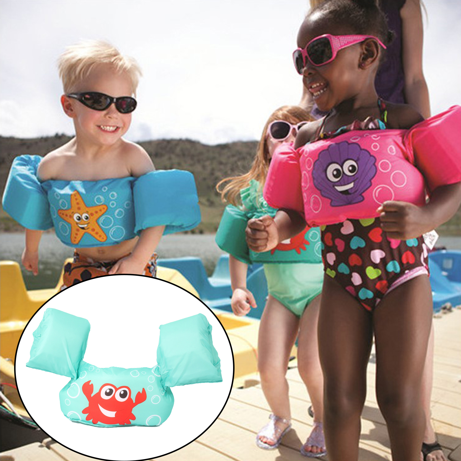 Cartoon Kids Swim Vest with Shoulder Harness Arm for 10-30Kg Toddler