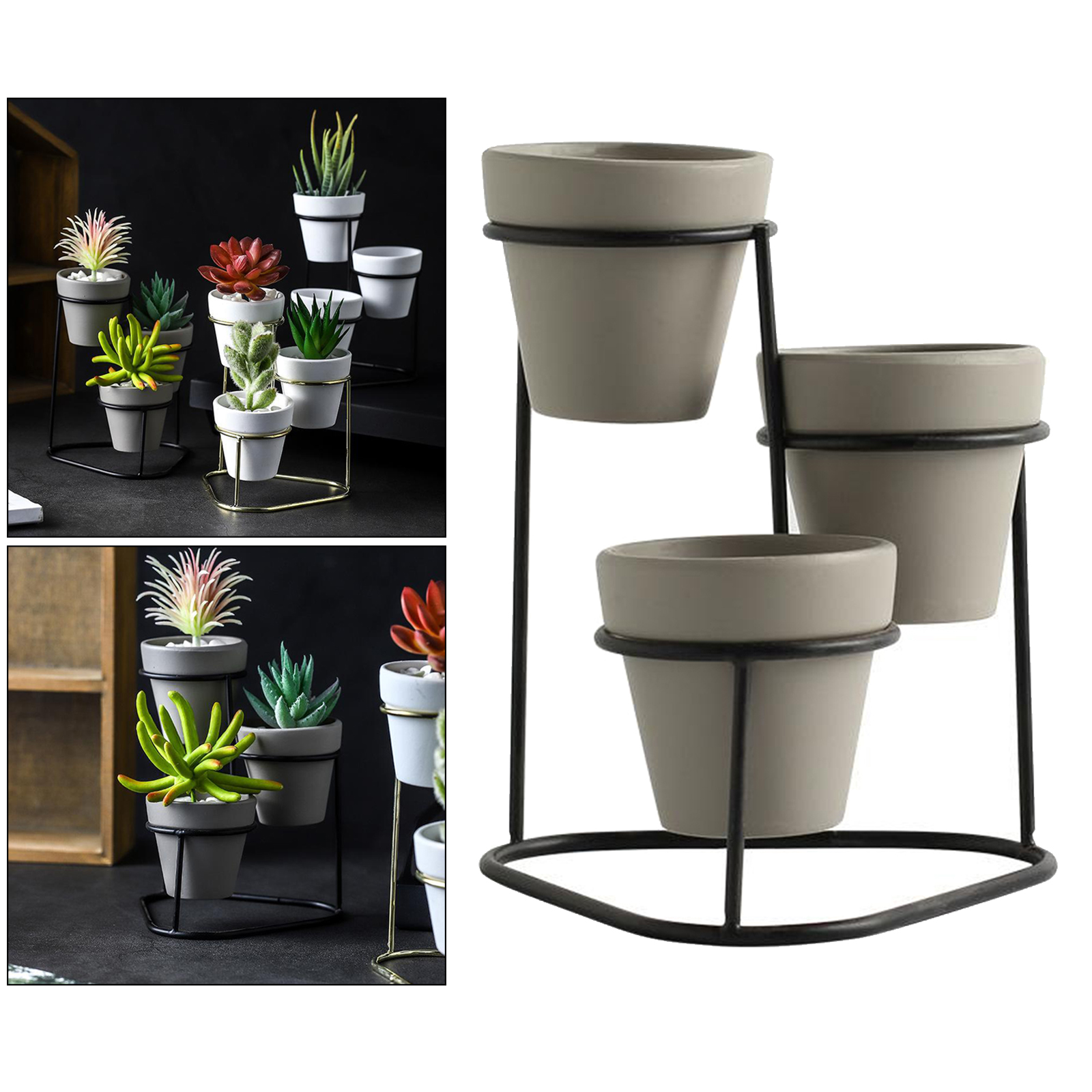 3Pieces Ceramic Succulent Pots Flower Planter with Metal Plant Vase Stand Holder Shelf Rack Home Decor
