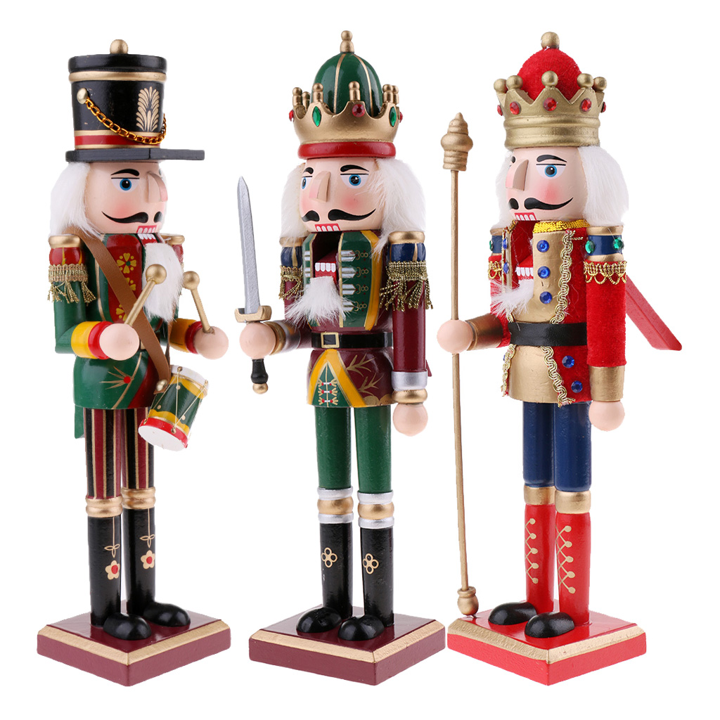 3Pcs 12 Inch Wood Nutcracker Ornaments, Wooden Nutcracker Figures Model Decorations for Christmas Tree Figures Puppet Toys 