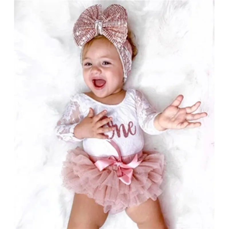 Cute Baby Clothing Girls My First Birthday Outfits Long Sleeve Floral Lace Romper Tutu Skirt Headband Baby's Set Baby Clothing Set