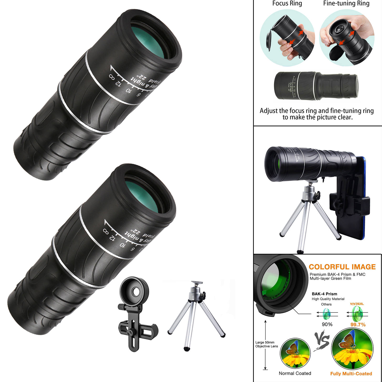 40X60 Zoom Monocular Telescopes Night Grip Scope, Easy to Use With Single Hand