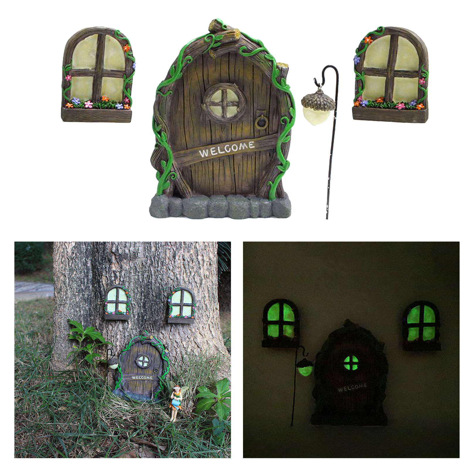 Miniature Fairy Elf Home Door and Windows, Cute Tree Decor Art Decorations, Window Can Glow in the Dark