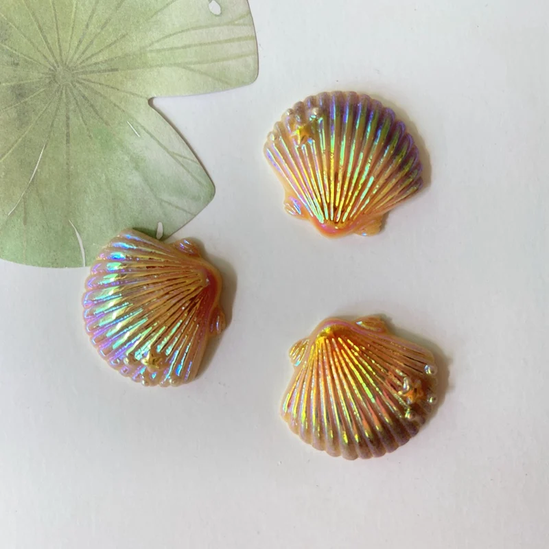 10Pcs 27*24mm Bling Rainbow Shell Resin Ocean Flat Back Scrapbooking DIY Baby Headwear Hair Clips Bow Ornament Accessories