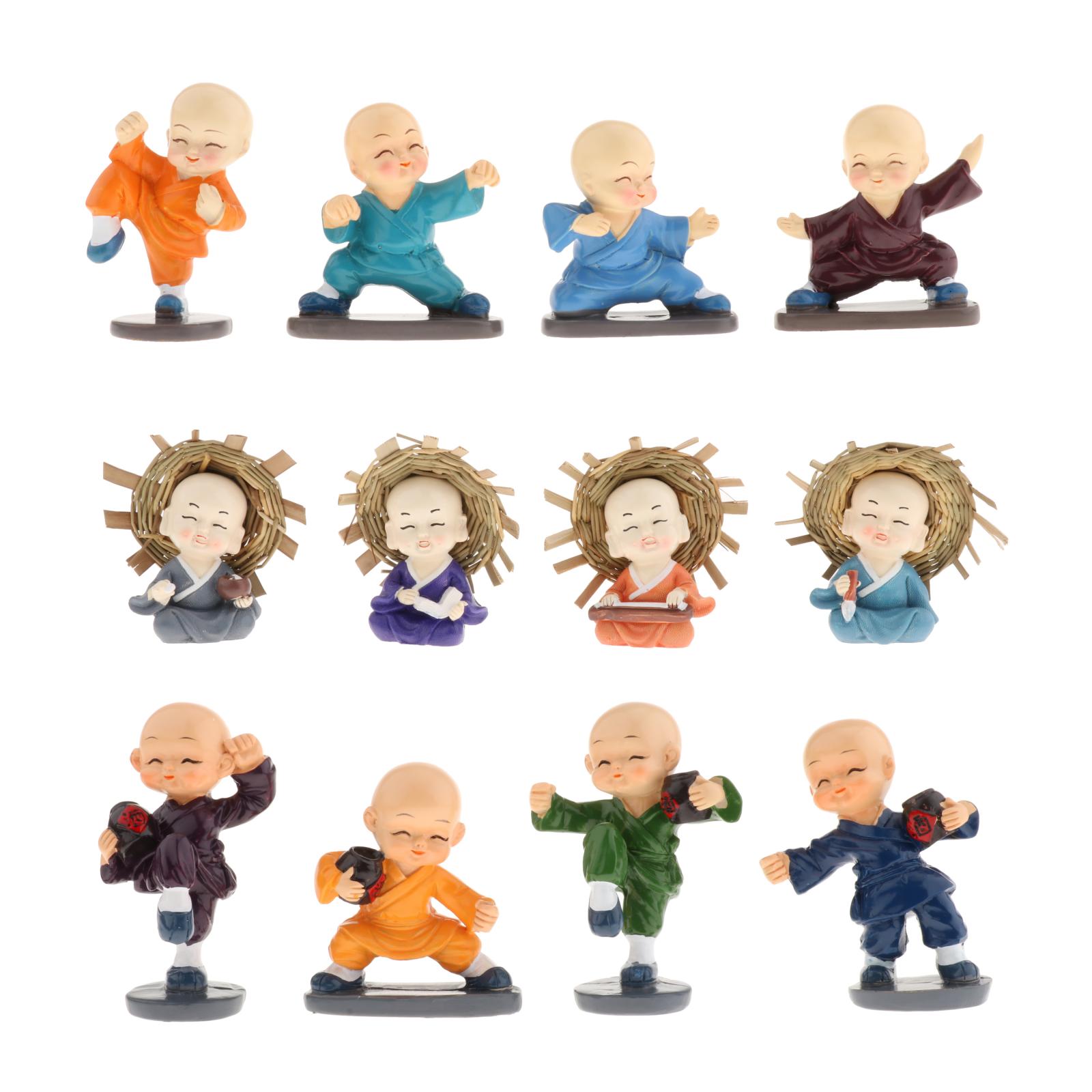 Pack of 4 Small Buddha Monk Statue Figurine Resin Kung Fu Shaolin Monk Statue Home Decor Ornaments