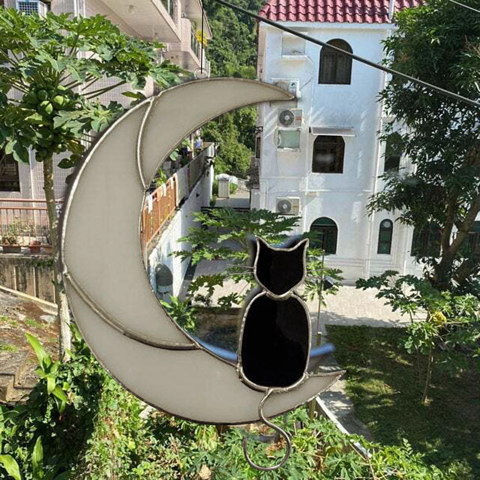 Ouwuo Cat On The Moon Hanging Suncatcher Stained Glass Lover Gift Pet Gift Black Cat On The Moon Home Decor Ornament Cute Cat