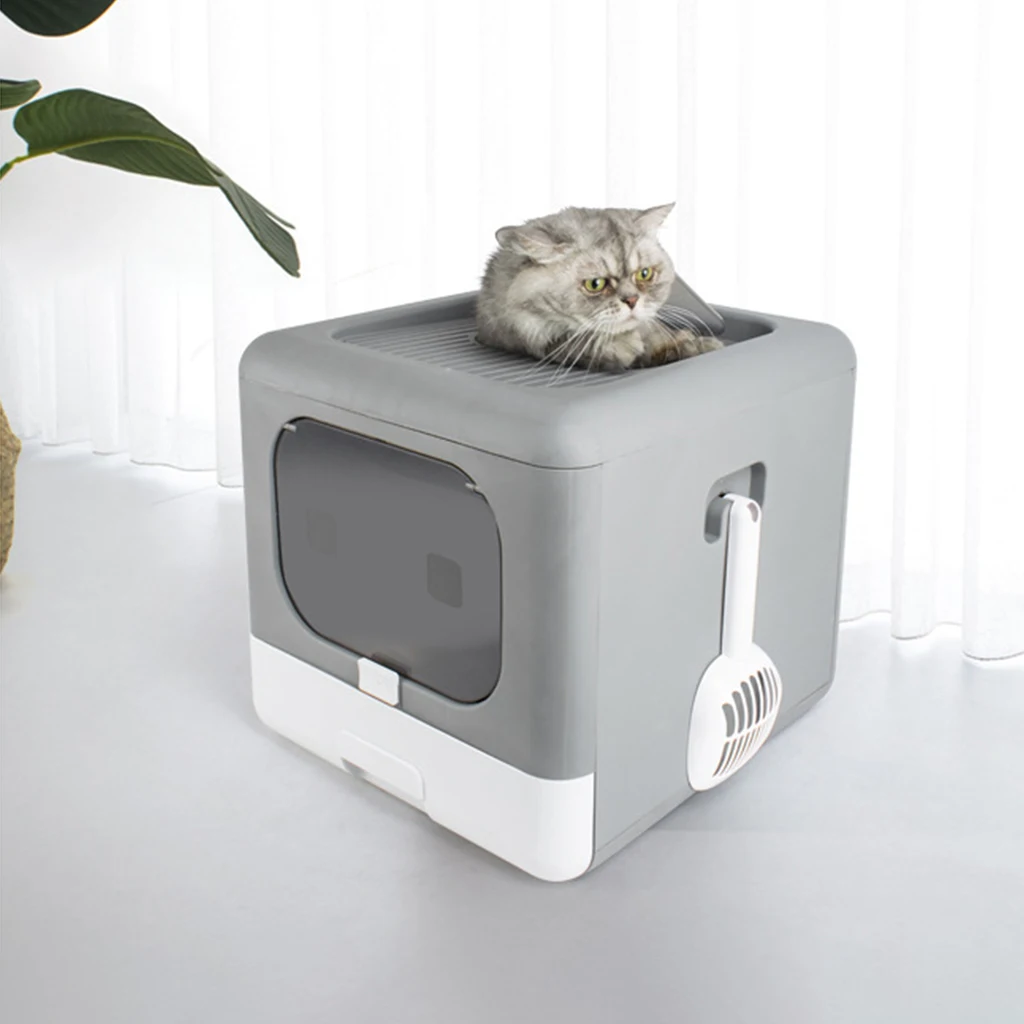 Portable Cat Litter Box Hooded Closed Cat Litter Tray, Folding Closed Cats Kitten Toilet 2 Entrances, Cat Litter Pan Container