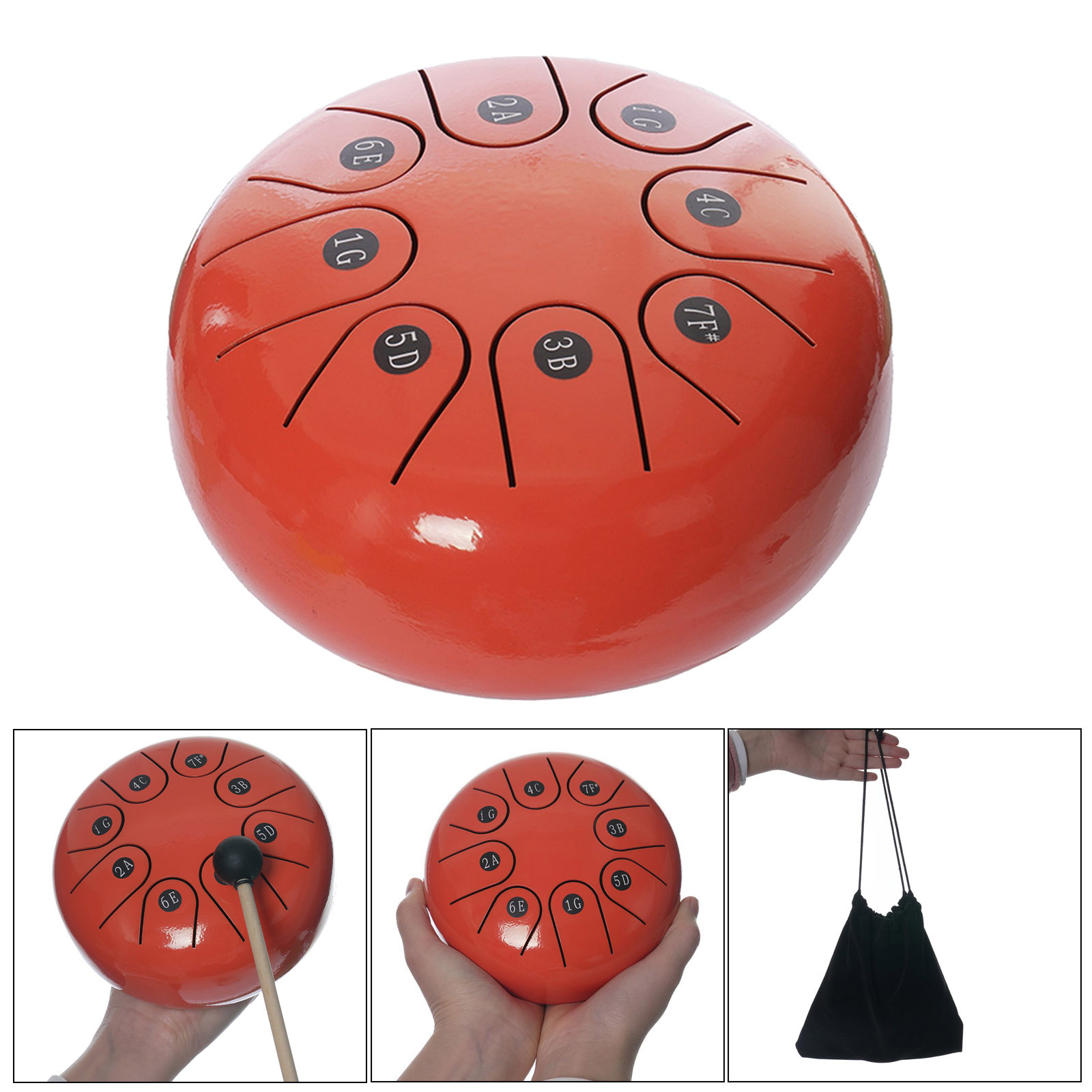 8 Tone 6 Inch Steel Handpan Tongue Drum C Key w/ Carrying Bag Notes Stickers Present Orange