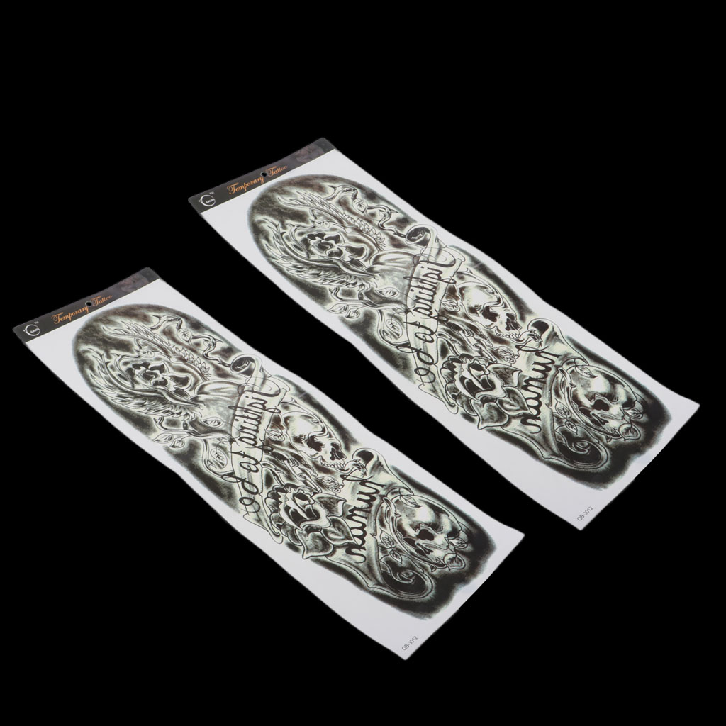 2pcs Temporary Tattoo Sleeves, Large Fake Black Full Arm Tattoo Stickers Skull & Rose Pattern