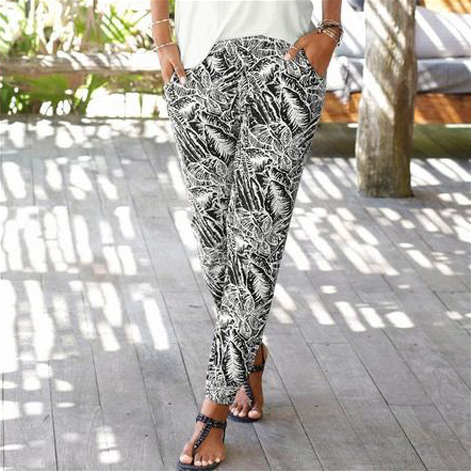Women High Waist Pants Leaf Print Easy 