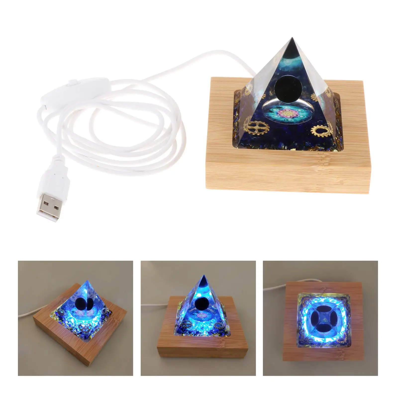 Large Orgone Pyramid w/ LED Light Wooden Base Blue Crystal Meditation Stone Decor