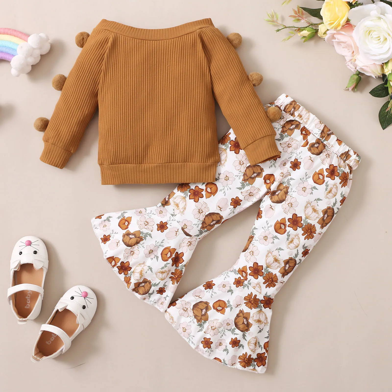 Autumn Winter Toddler Girls Clothes Set Fur Ball Long Sleeve Top Flare Pants 2PCS Girl Casual Outfits 6 Month To 4 Years Baby Clothing Set discount