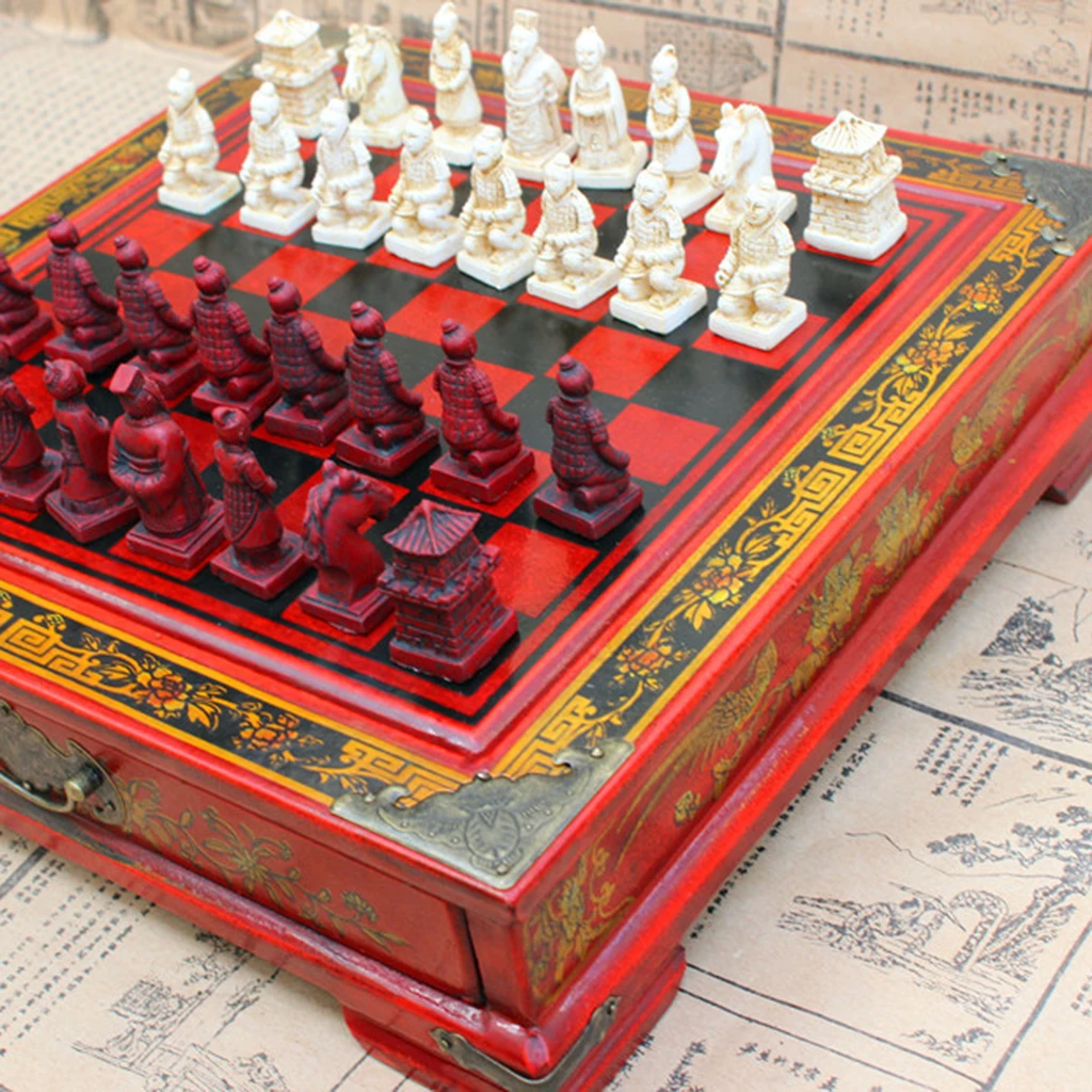 Wooden International Chess Set - Antique Finish Style Board with Terracotta Figures, 10 x 10 x 2.5 inch Chessboard
