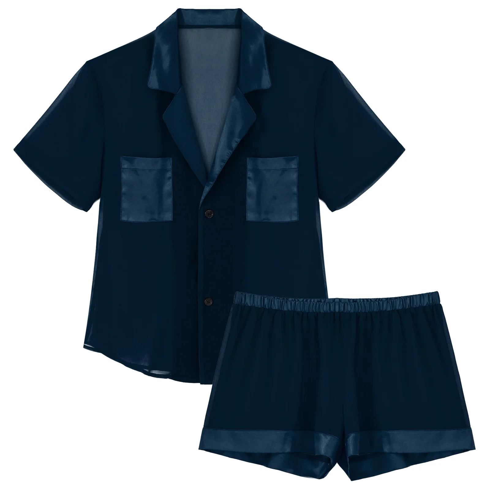 Mens Male Pajama Set See-through Sissy Nightwear Sleepwear Satin Patchwork Chiffon Lapel Short Sleeve Button Tops with Shorts mens pajama pants