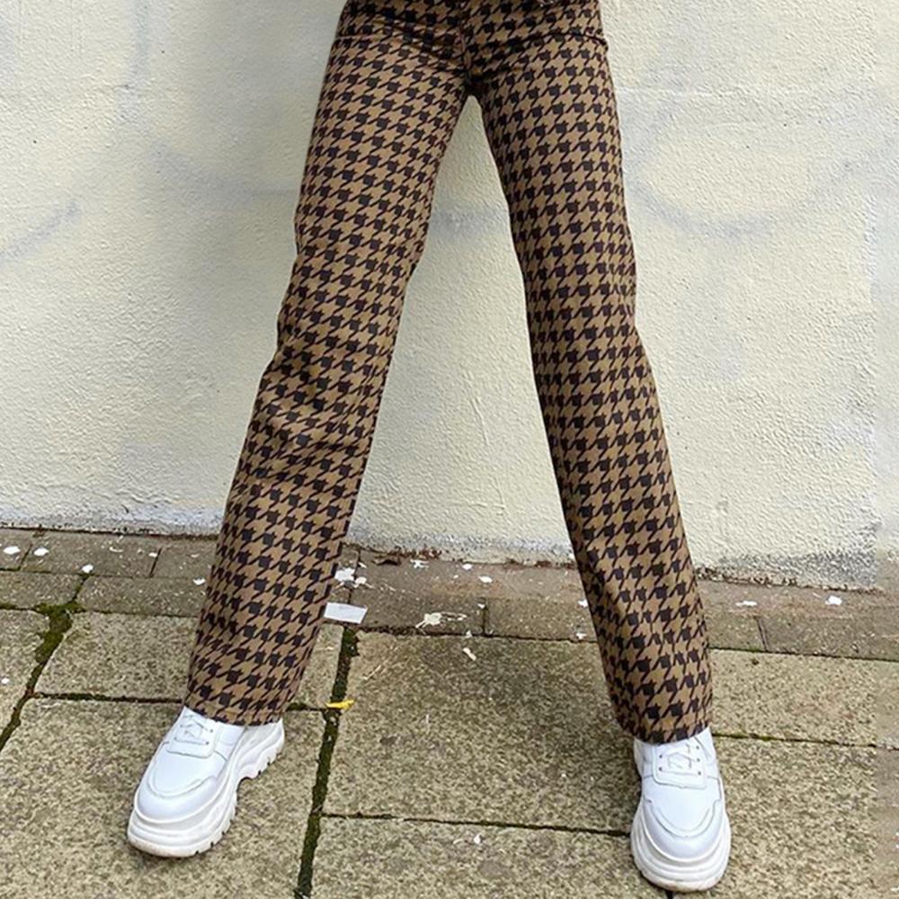 High Waist Houndstooth Plaid Button 