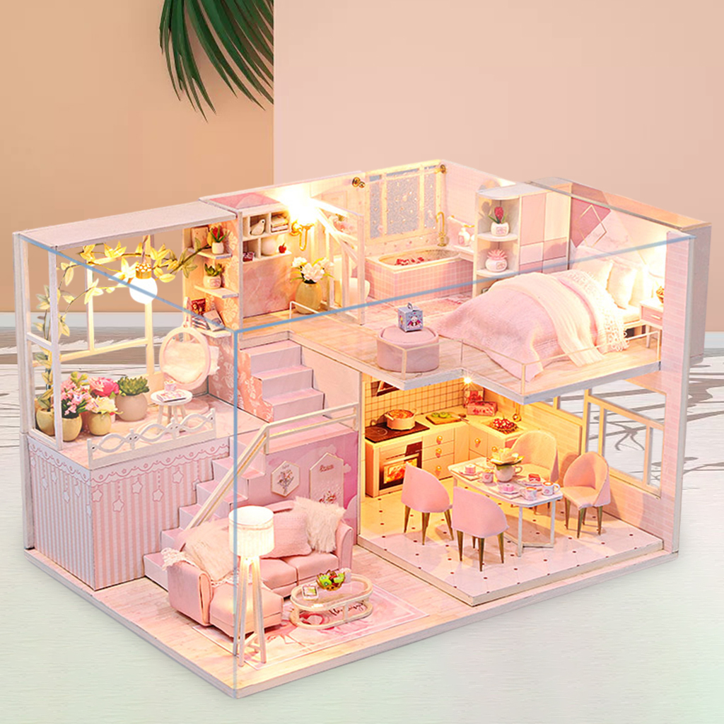 DIY Dollhouse Kit Plus LED Light & Dustproof Case Battery Case Wood Pink Cottage Creative Room Self Assembly Model for Girls