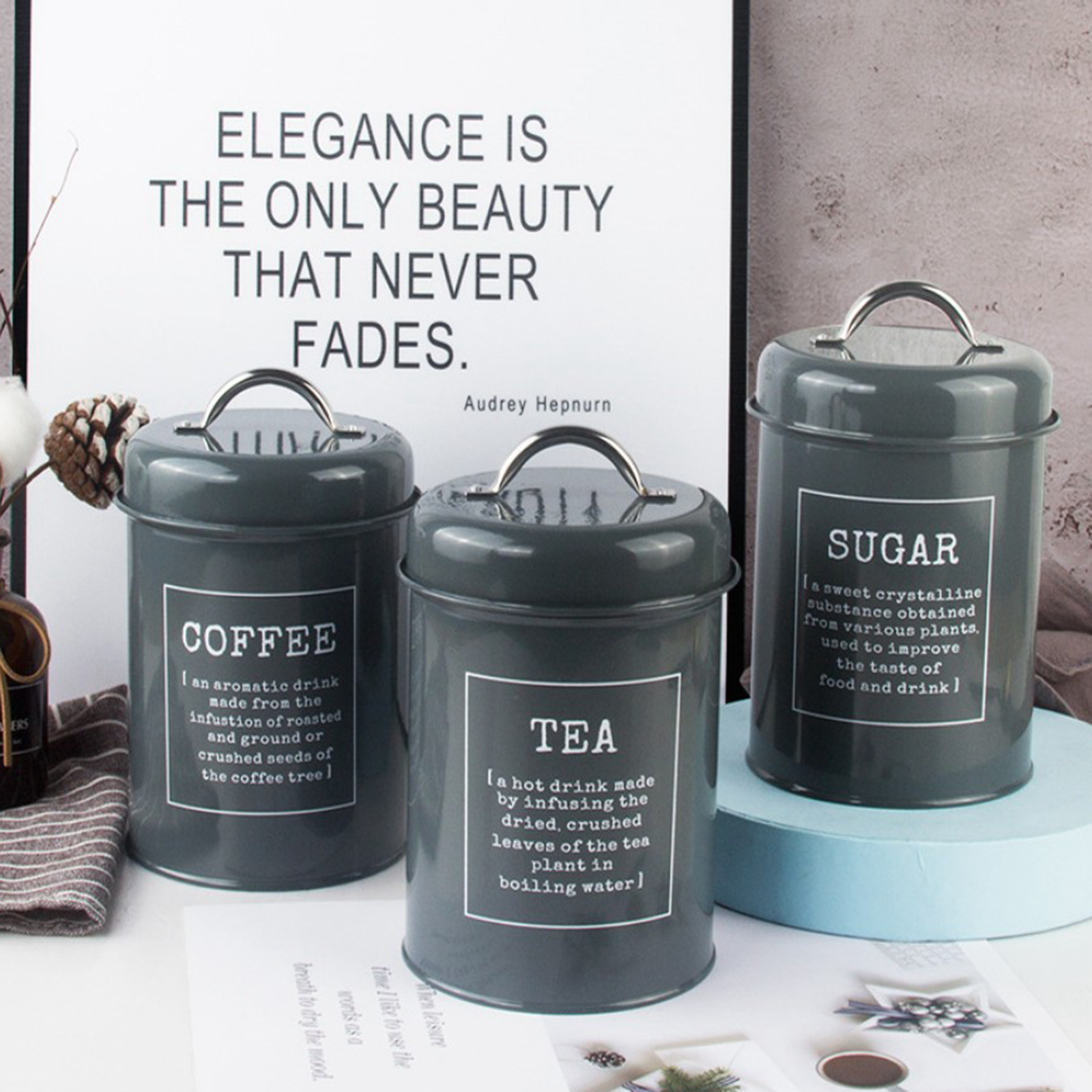 3 Pack Kitchen Food Storage Canisters with Lids Metal Coffee Tea Sugar Storage Tins Jars Set, One Size