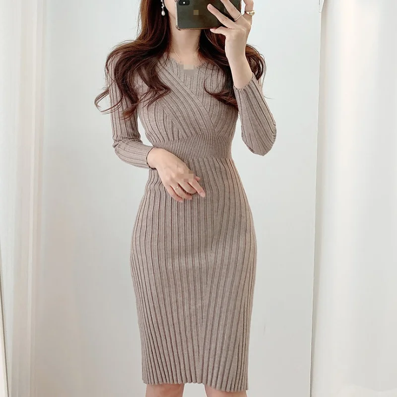 Gagaok Knitted Dresses Women 2021 Spring Autumn New V-Neck Sheath Office Lady Solid Midi Dress Korean Chic Simple Vestidos