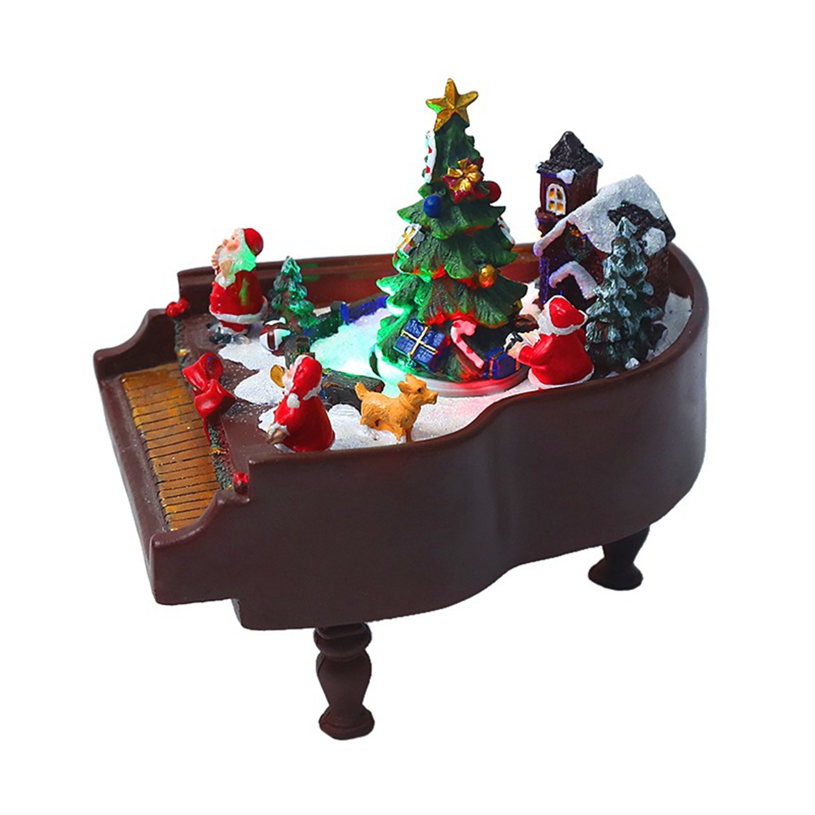Romantic Resin Snow Scene Vintage Piano Music Box Revolving Christmas Tree LED Light Home Decoration Ornament Gift Collection