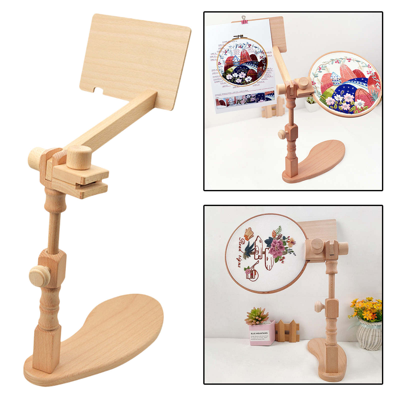 Wooden Round Rectangle Embroidery Hoop Holder Adjustable DIY Desktop Stand Cross Stitch Rack Frames Rings Sewing Tools
