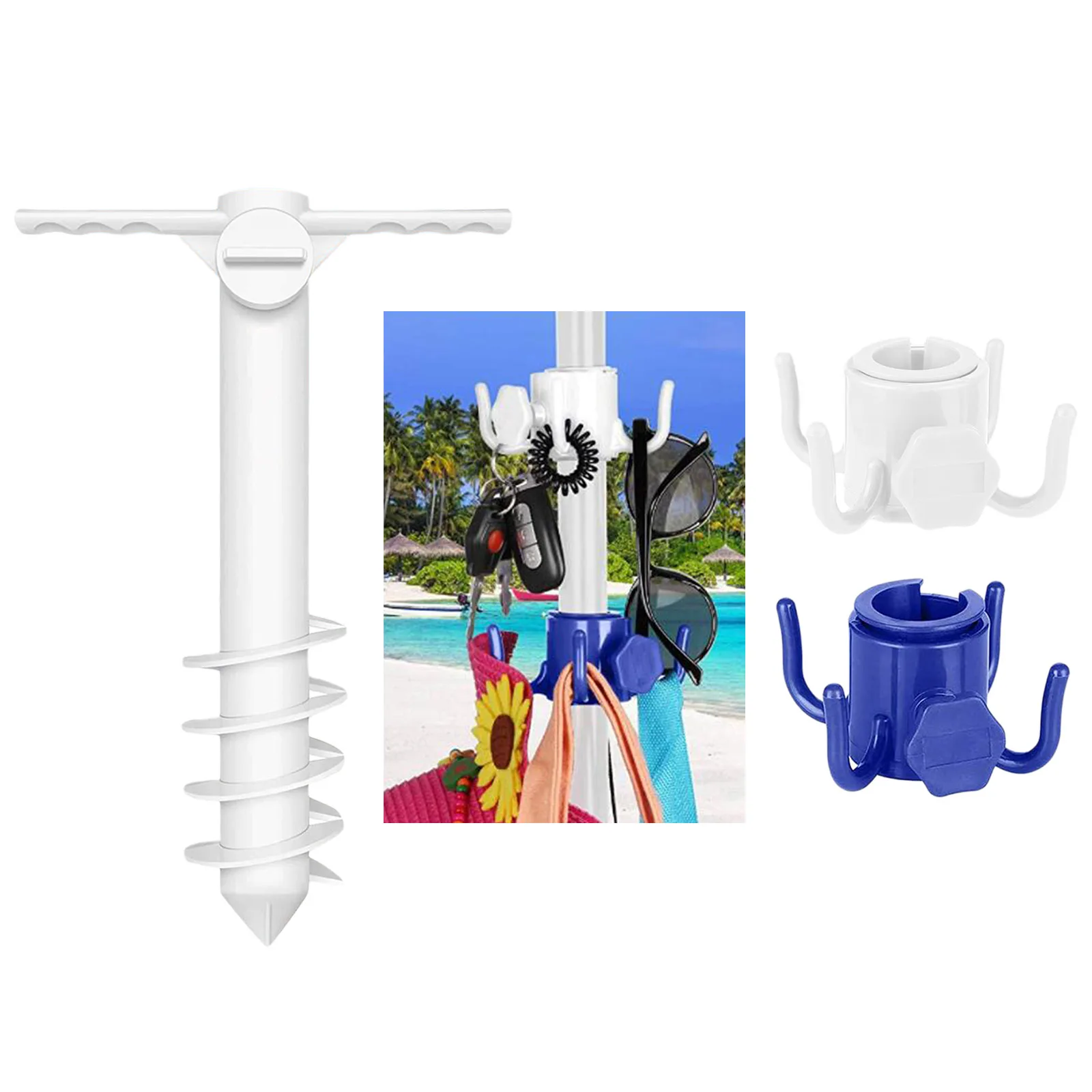 Beach Umbrella Sand Anchor, Umbrella Groud Spike with Hanging Hook, Umbrella Screw Holder Stand