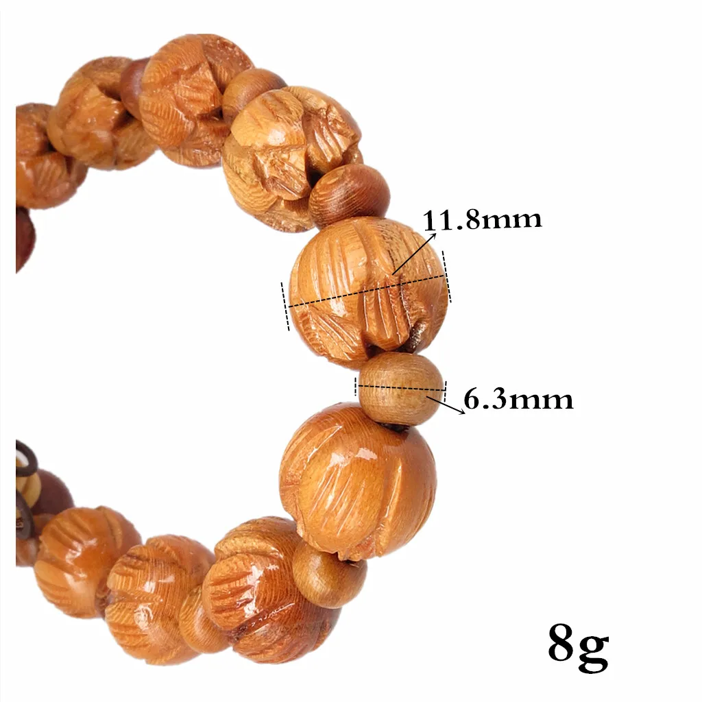 Natural Wood Carved Lotus Flower Buddha Beads Bangle Handmade Bracelet