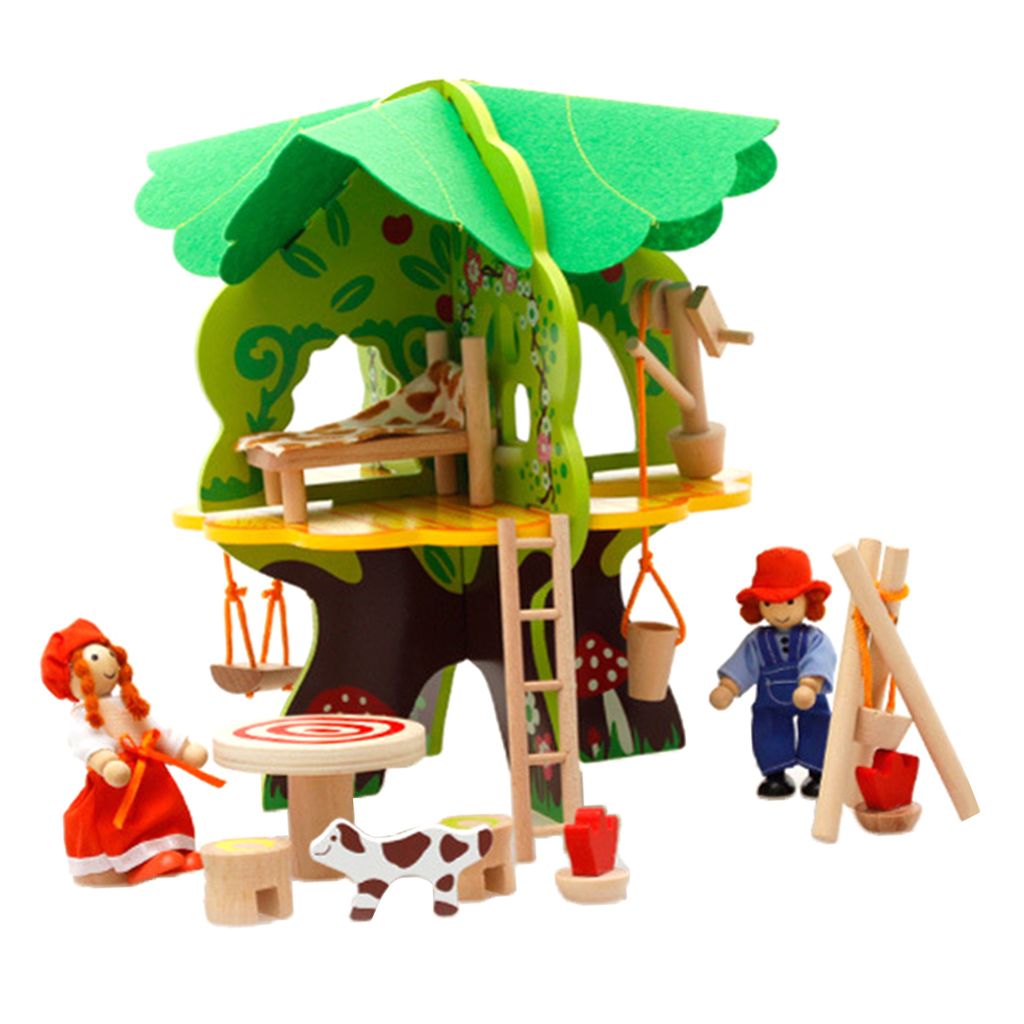 DIY Wooden Dollhouse Tree House Miniature Doll Figures Furniture Project Construction Kits Kids Building Toy Early Learning