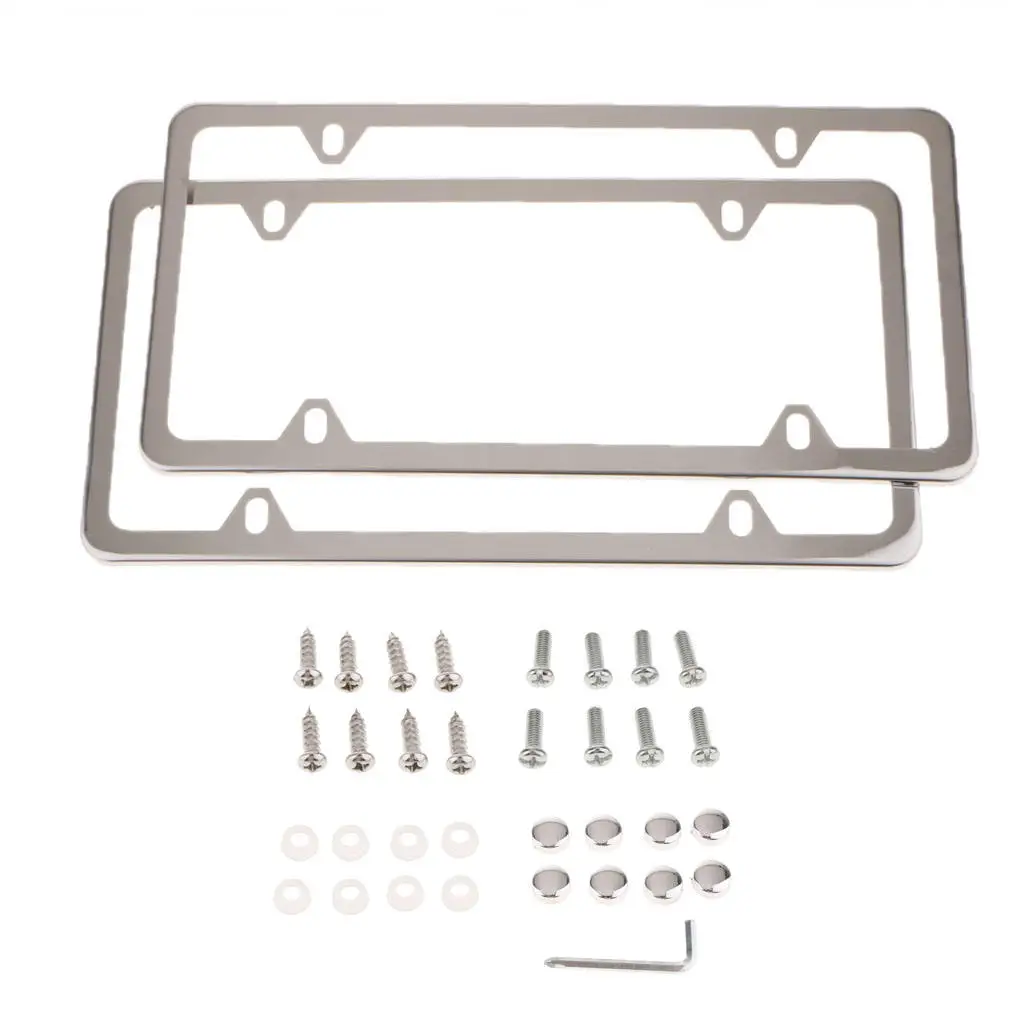 1 Pair 4-Hole License Plate Frame Stainless Steel Mirror with Screws