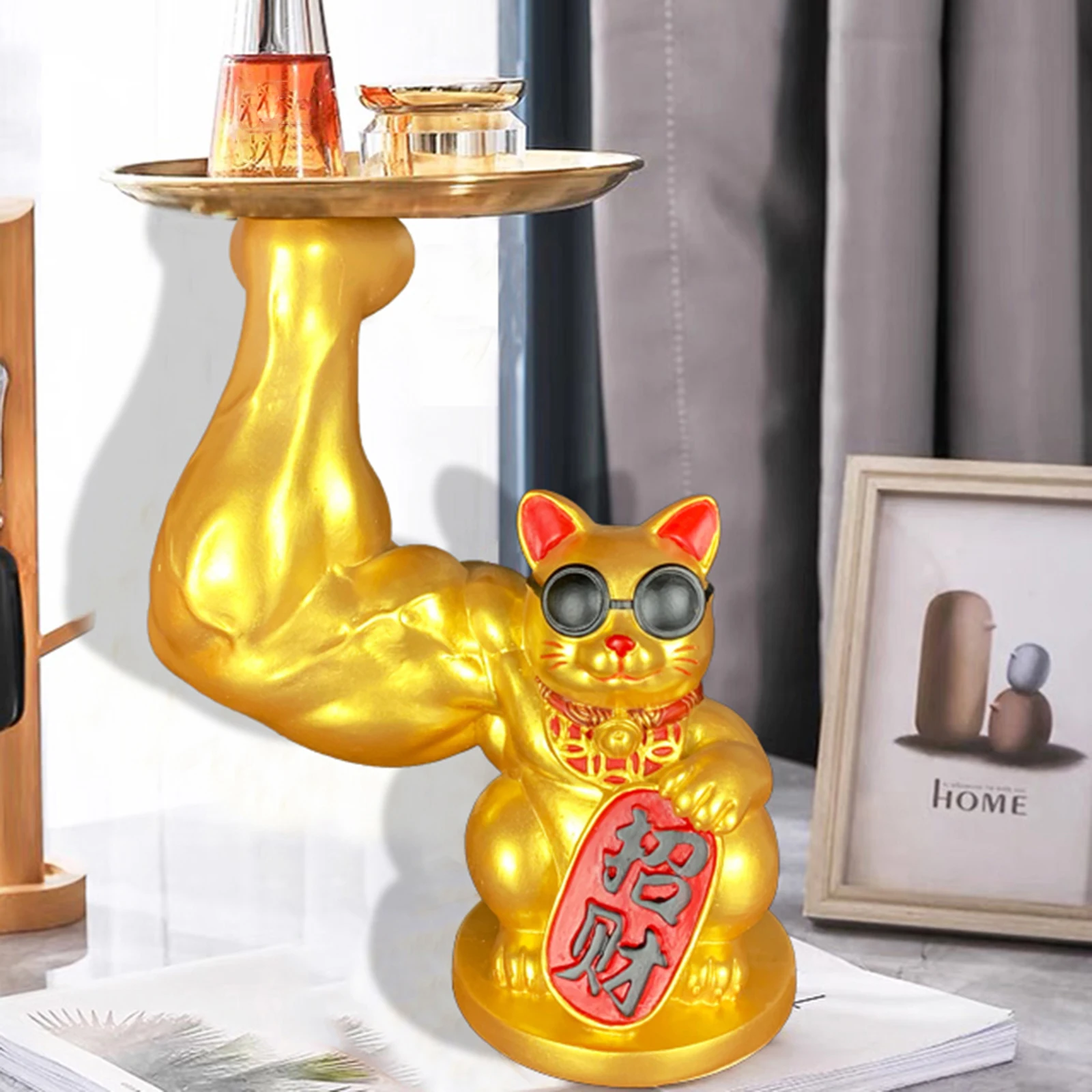 Giant Muscle Arm Fortune Cat Statue Figurine Feng Shui Animal Craft Office Room Shop Home Door Interior Decoration Accessories