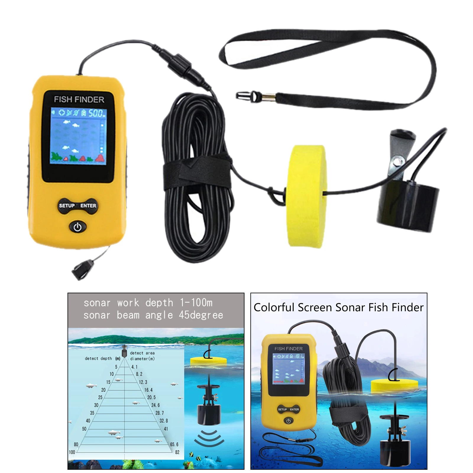 Portable Fish Finder W/ Colored LCD Display For Shore Kayak Ice Lake Sea Fishing 
