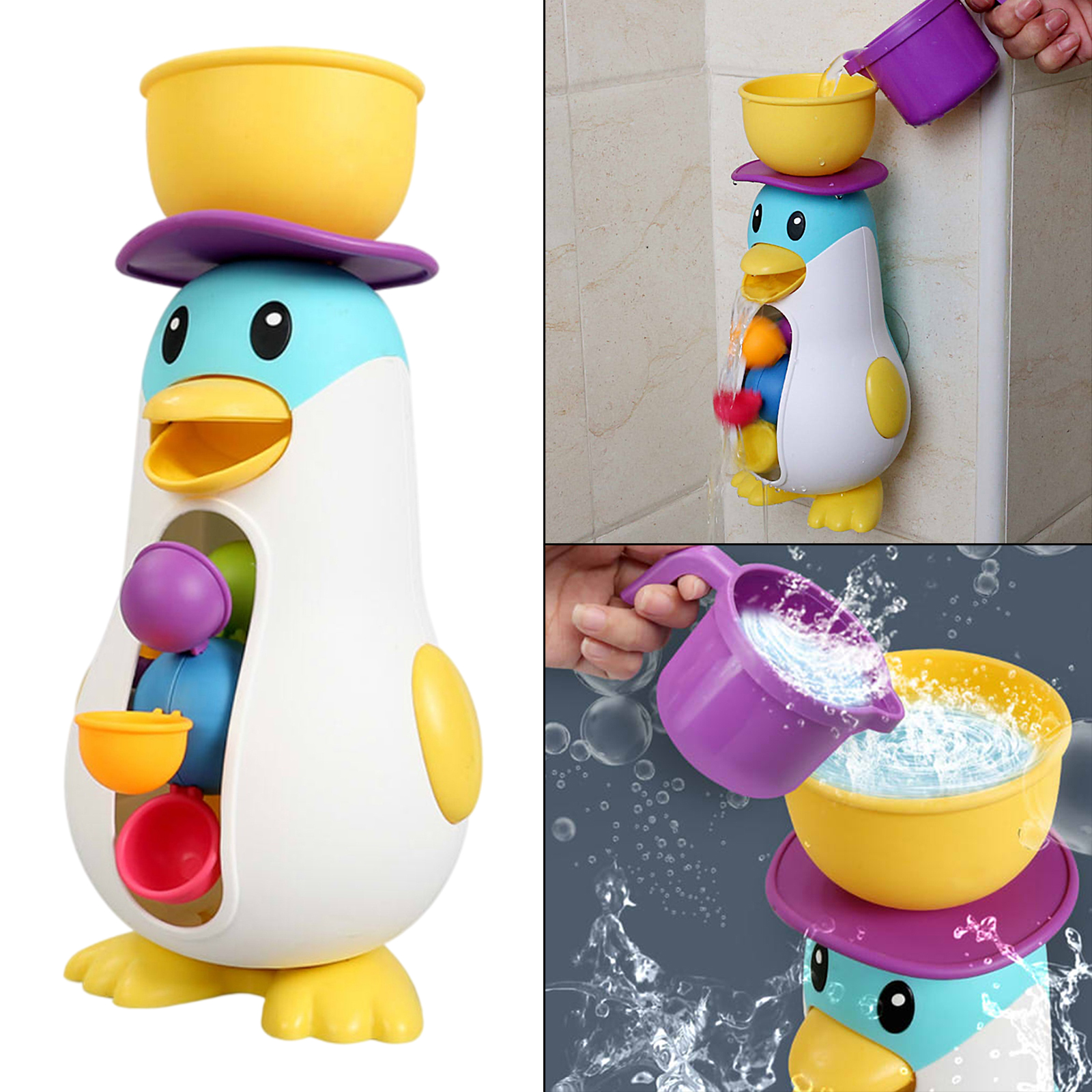 Adorable Suction Cup Penguin Waterwheel Toddler Shower Pool Water Play Sucker Rotatable Waterwheel Bath Toy for Bathing Time