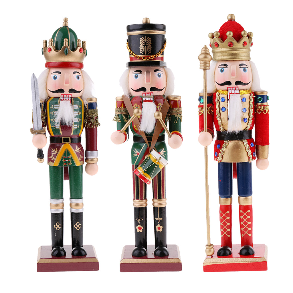 3Pcs 12 Inch Wood Nutcracker Ornaments, Wooden Nutcracker Figures Model Decorations for Christmas Tree Figures Puppet Toys 