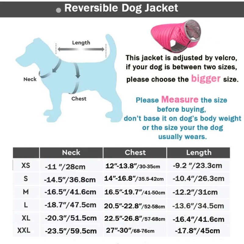 Un diagrama y una tabla de tallas para una chaqueta reversible para perros. El diagrama ilustra las diferentes partes de la chaqueta, incluidos el cuello, el pecho y el largo.