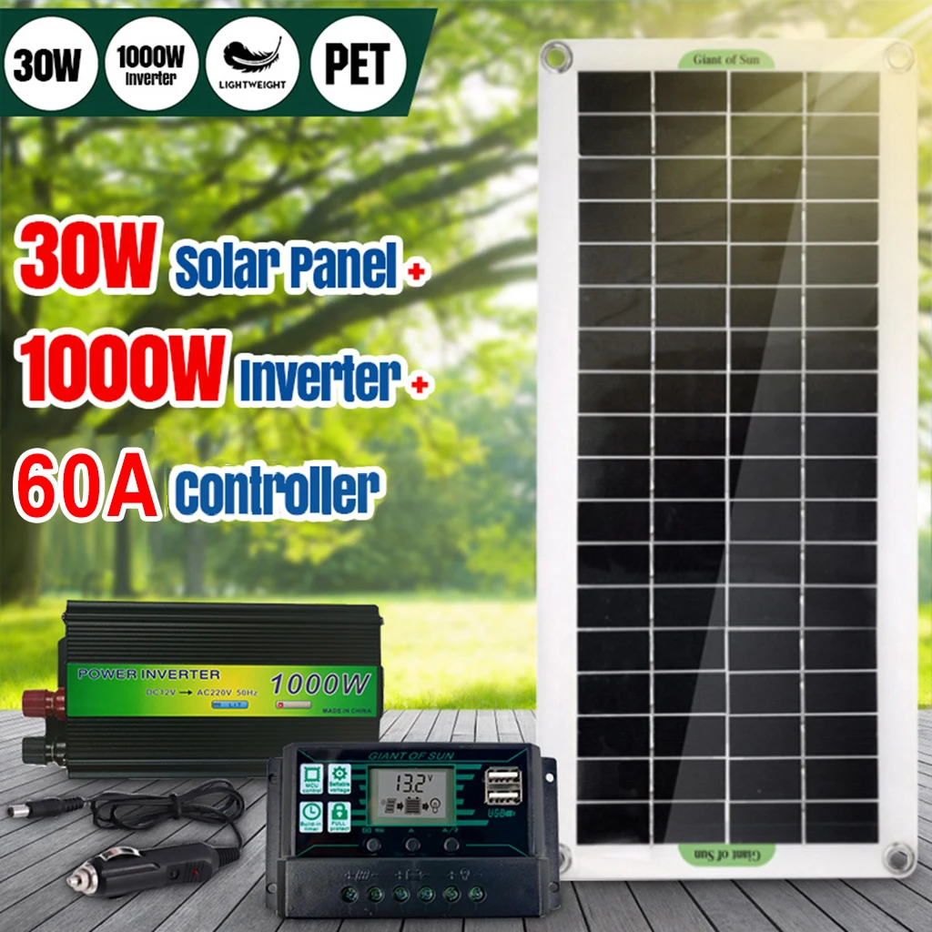 220V Solar Power System 30W Solar Panel Battery Charger 1000W Inverter USB Kit Complete Controller Home Grid Camp Phone