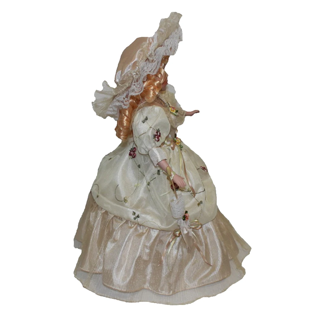 40cm Victorian Porcelain Doll with Beige Long Dress Hat Home Display Decor