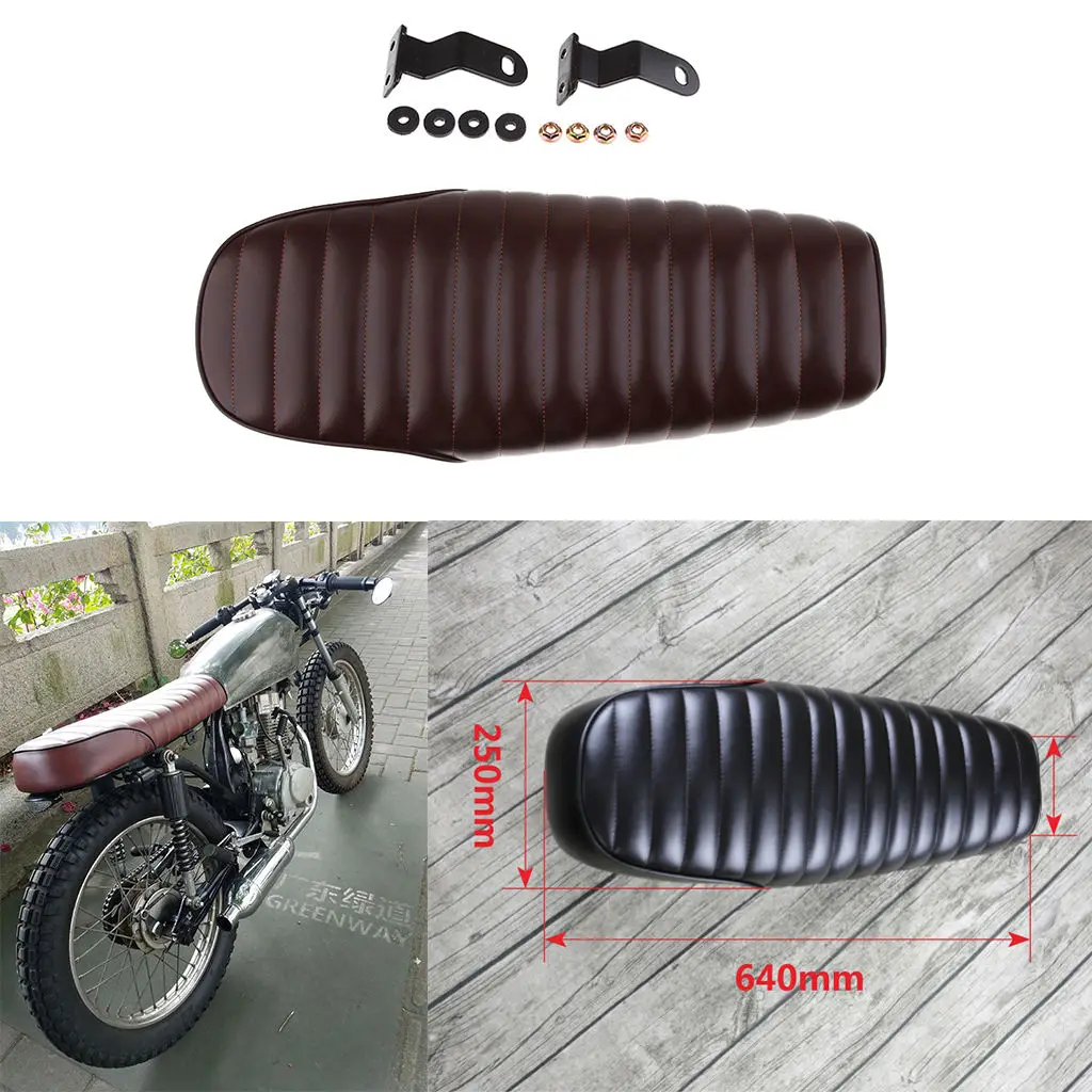 dolity Motorcycle Vintage Cafe Racer Flat Saddle Seat Stripe Pattern , Brown Waterproof Artificial Leather
