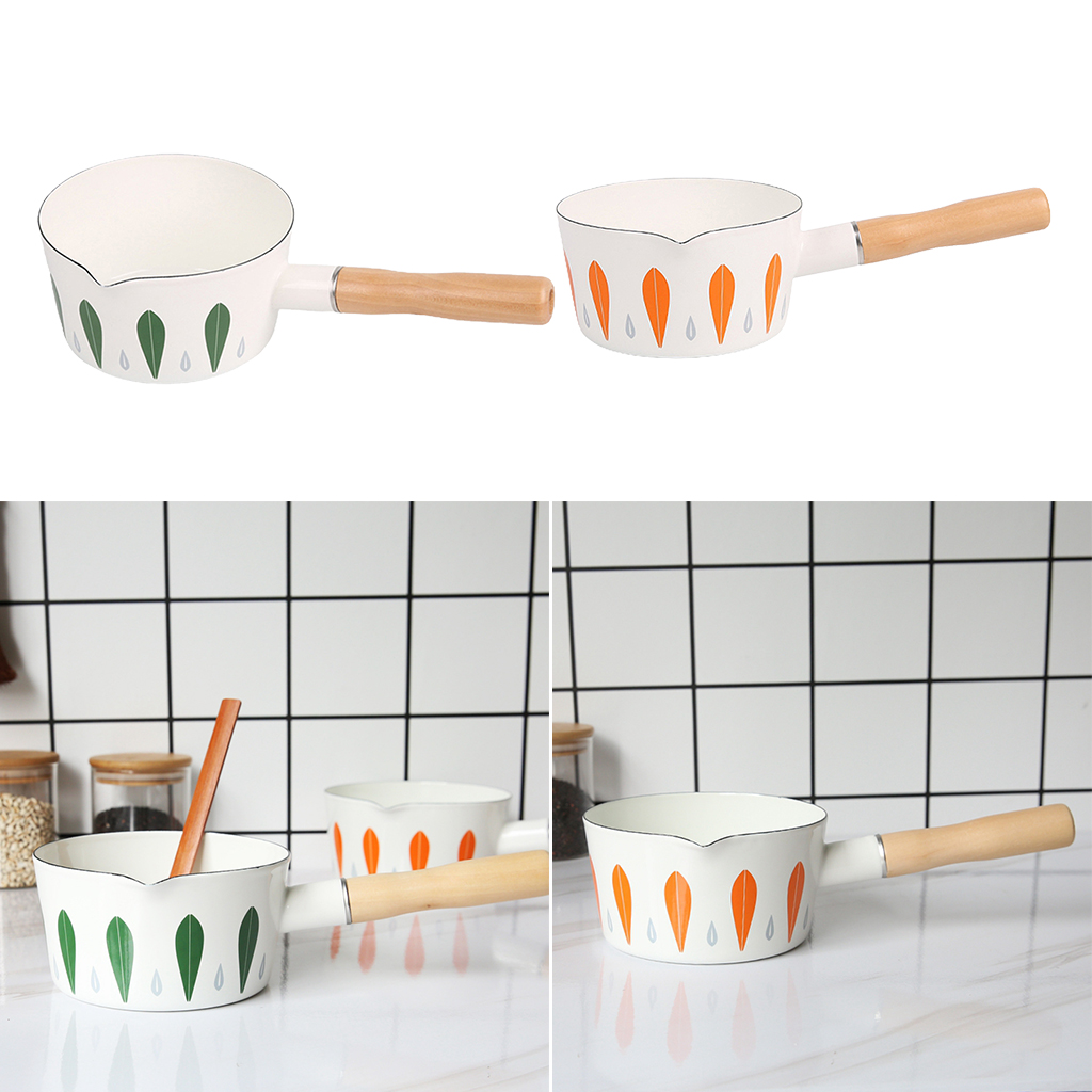 Saucepan 1L Enamel Milk Pot Wooden Handle Small Pot Oil Fryer Kitchen Utensils, No Lid