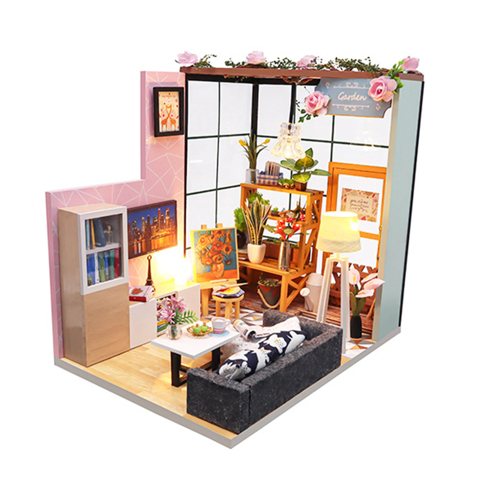 Wooden Doll House Building Kit Miniatures Art House Furniture Doll House with LED Light Dustproof Cover Holiday Gift for Kid