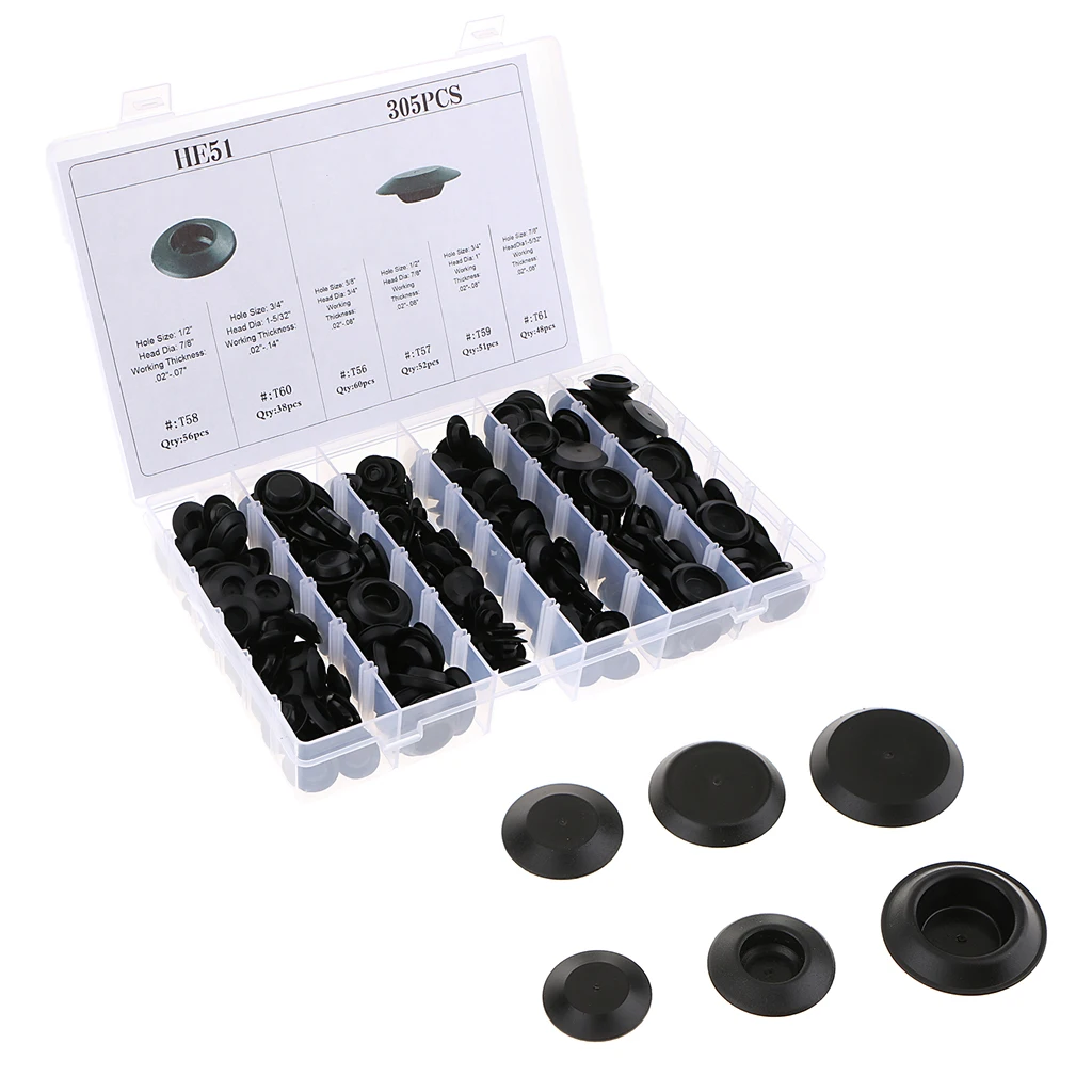 305 Pieces 6 Kinds Rubber Snap-In Blanking Plug Body Hole Bungs Stopper Kits Rubber Snap In Blanking Plug Car Mouldings Trim