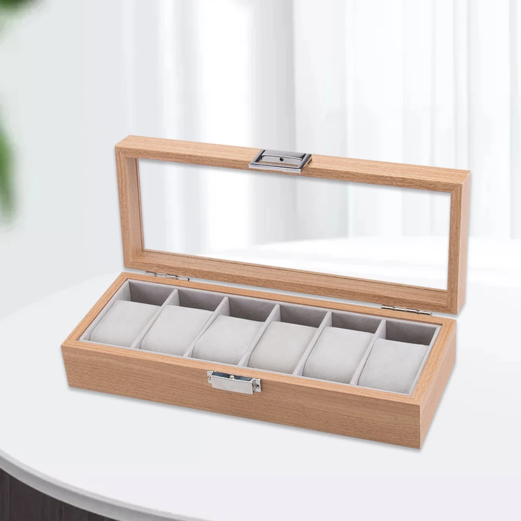 6 Slot Watch Display Case Wood Box Top Glass Jewelry Storage Organizer for Men Women
