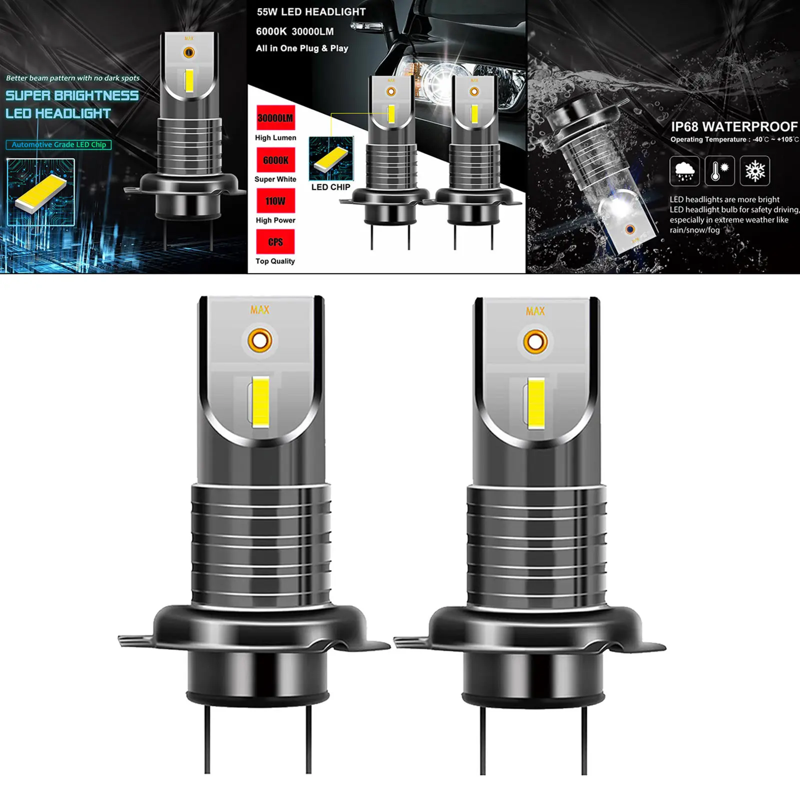 2 Pack H7 LED Headlight Bulbs 55W 6500K Bright LED Headlight Conversion Kit Car Halogen Lights Replacement Car Accessories
