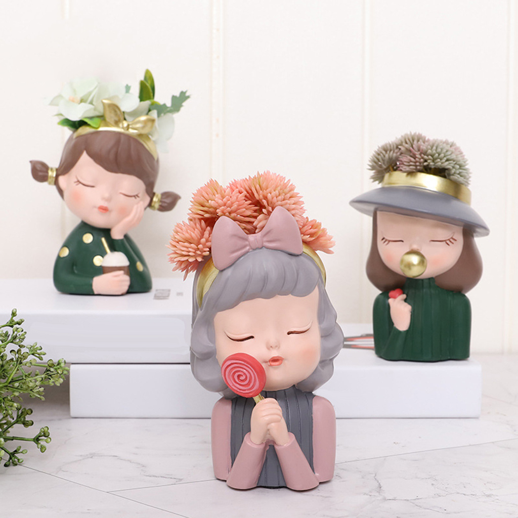 Cute Girl Resin Succulent Pots with Drainage Hole Tiny Planter Cactus Pot