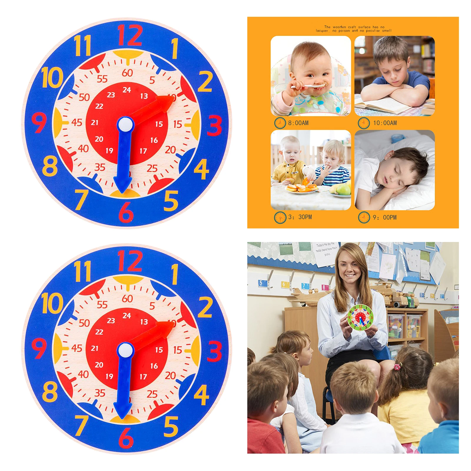Set of 2 Children Wooden Clock Toy Teaching Aids Toys Gifts Early Supplies