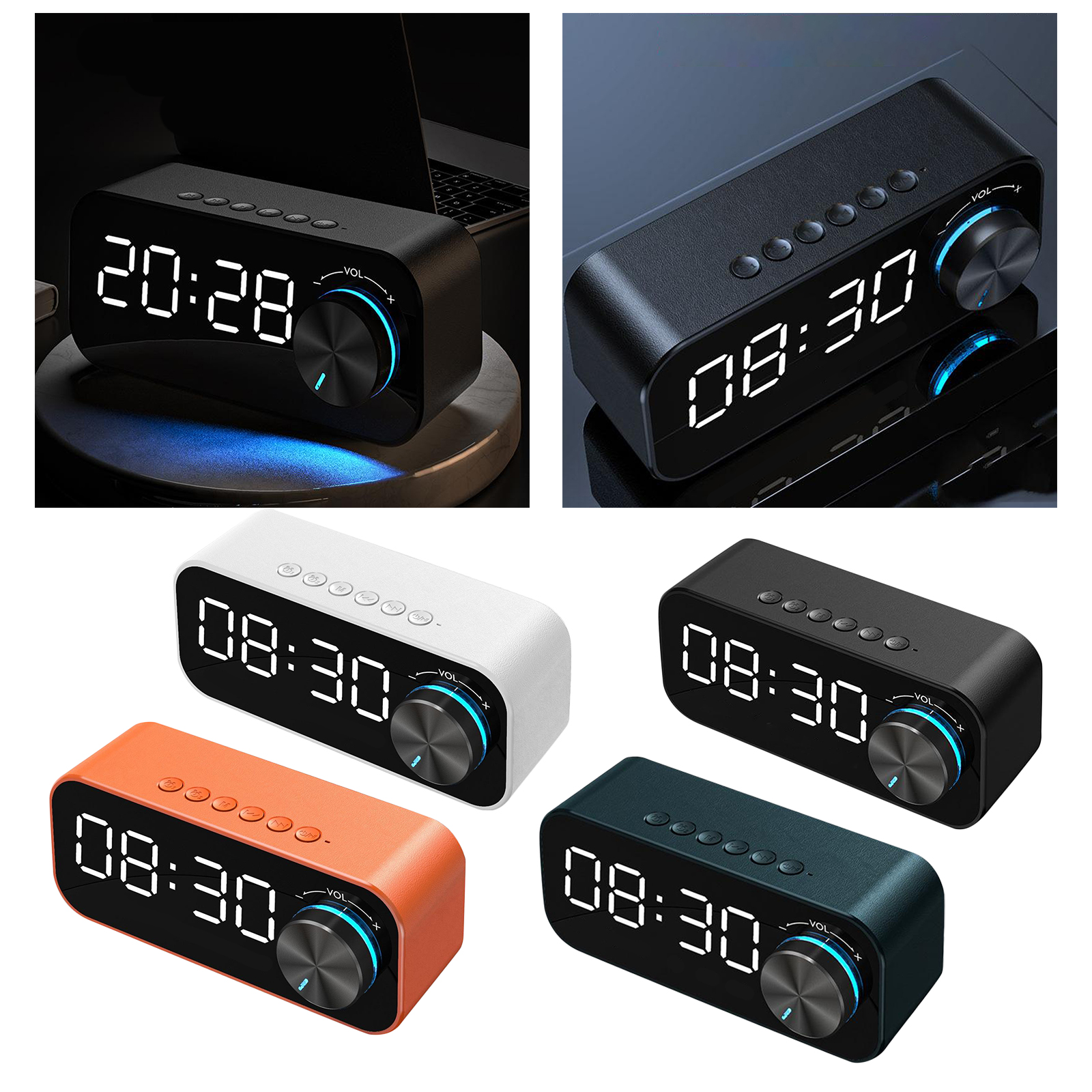 LED Dual Alarm Clock Bluetooth Stereo Speaker USB TF Card Desktop Night