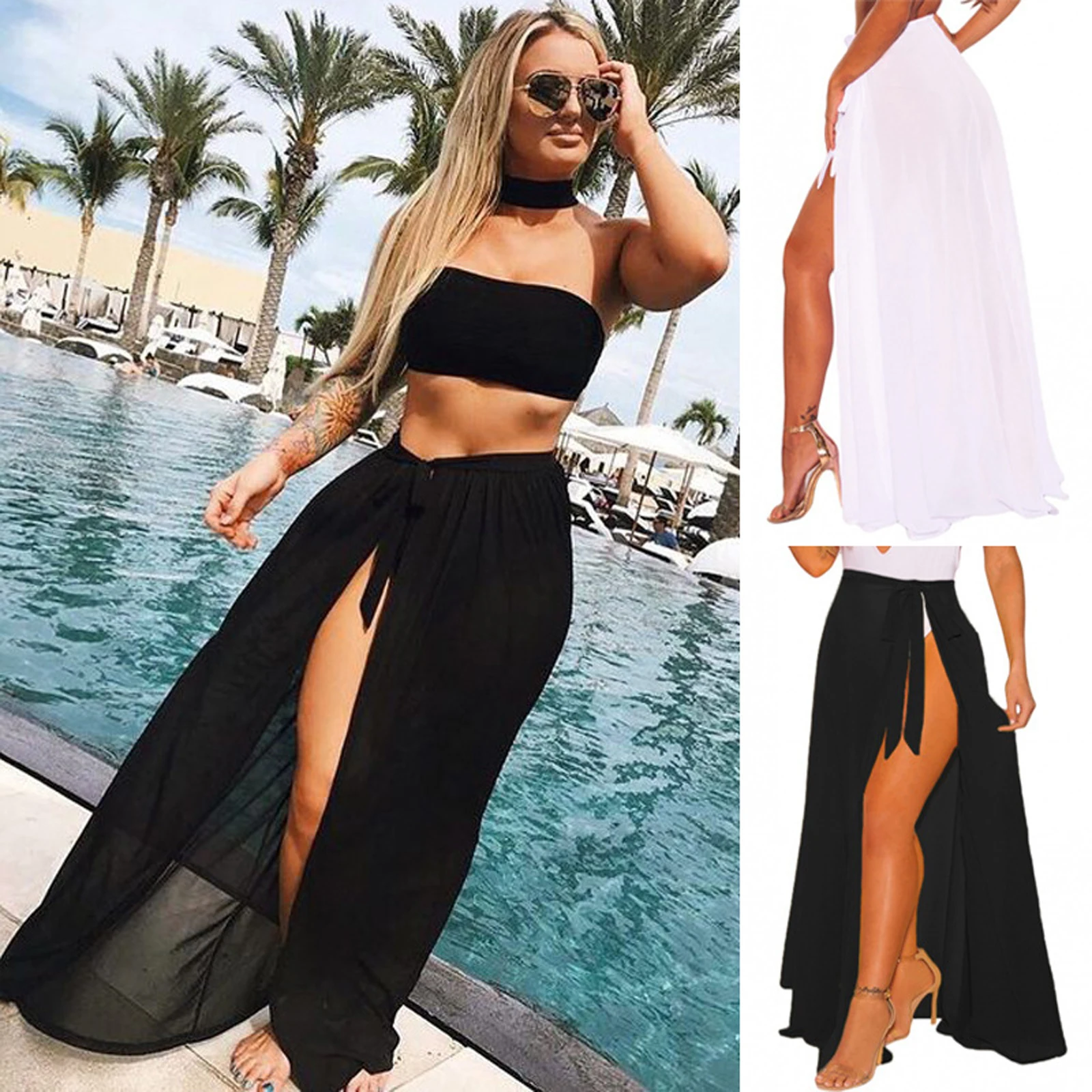 Women Summer Beach Cover Ups Sun-Proof Wrap Skirts Solid Color High-Waist Tied Straps Swimsuit Cover for Girls Ladies bathing suit wrap skirt