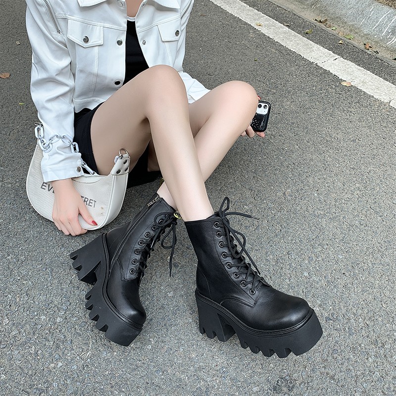 Women Platform Chunky High Heels Shoes 2021 New Autumn Winter Pu Leather  Fashion Boots Snow Warm Botas Lace Up Pumps Zapatos - Women's Boots -  AliExpress